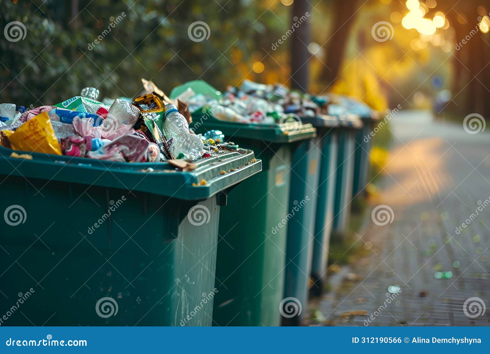 Overflowing Garbage Cans Emphasize Sorting Importance Stock