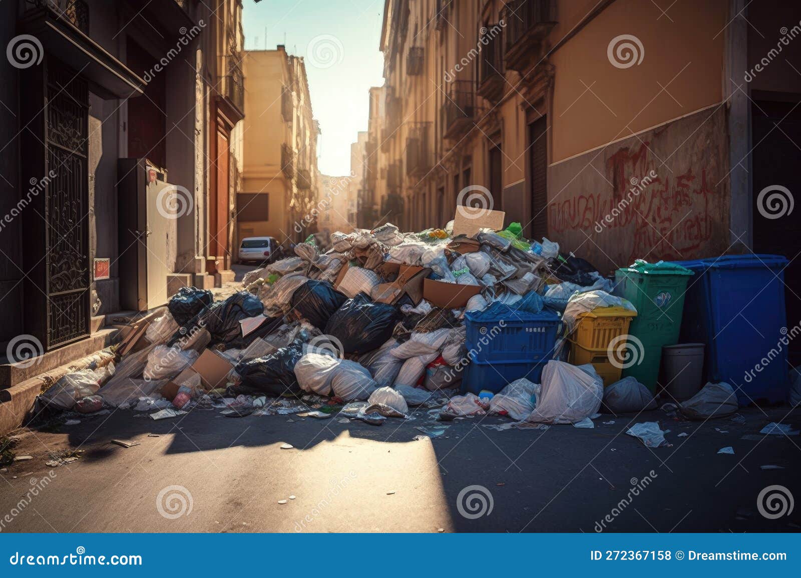 overflowing garbage heap in street after bacchanalia