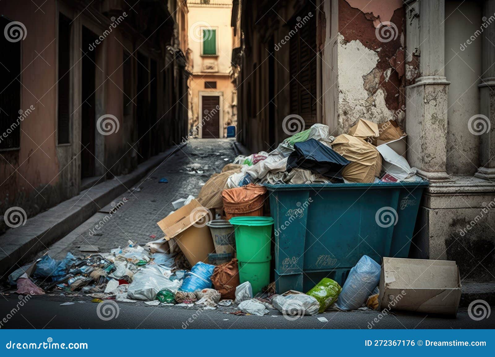 overflowing garbage heap in street after bacchanalia