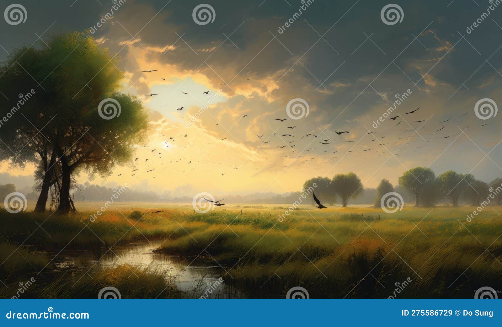 Overflowing Grassland Landscape Painting Stock Illustration