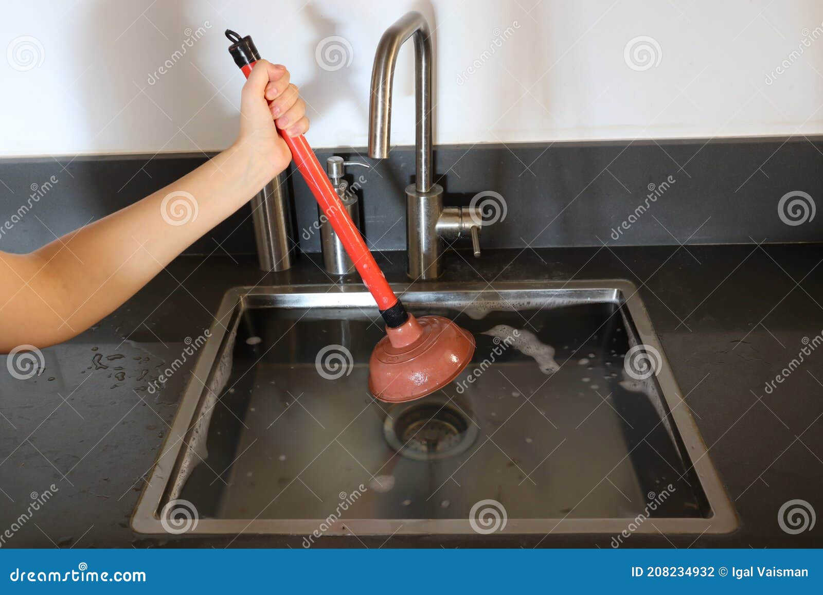 Overflowing Kitchen Sink, Clogged Drain. Hand Holding Plunger. Stock Photo  - Image of homemaker, home: 208234932