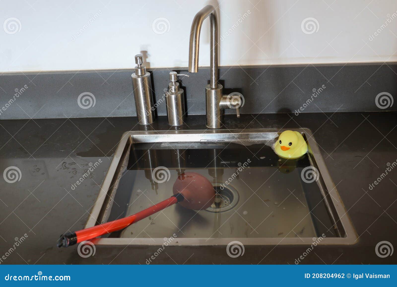 Happy Woman Looking At Male Plumber Using Plunger In The Kitchen Sink,  Stock Photo, Picture And Low Budget Royalty Free Image. Pic. ESY-048550729