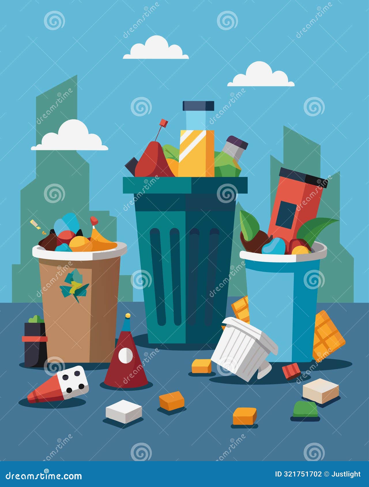 the overflowing trash cans and cluttered streets after a holiday shopping frenzy with discarded shopping bags and