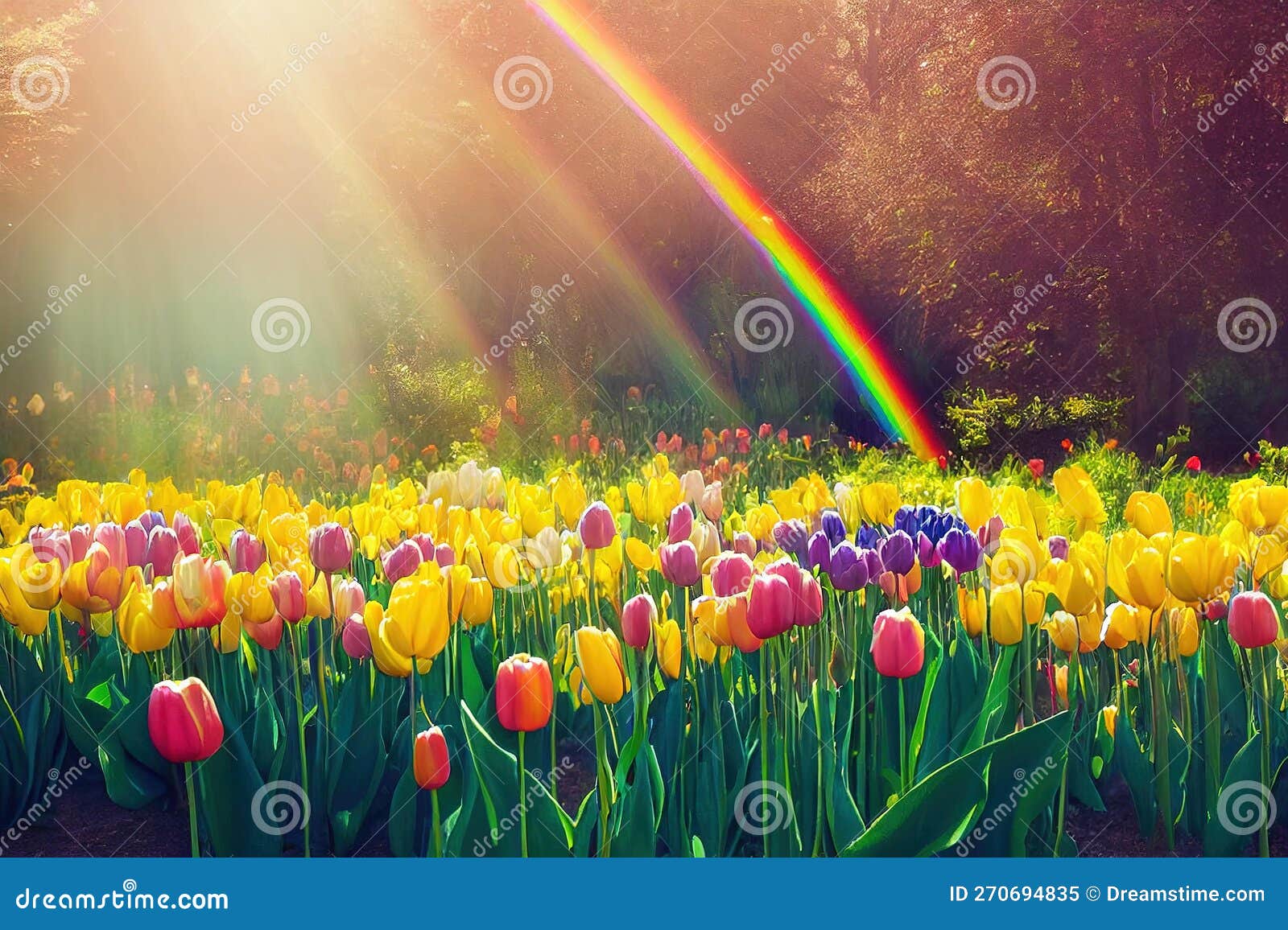 Overgrown Fields with Thousands of Tulip Flower of Various Colors