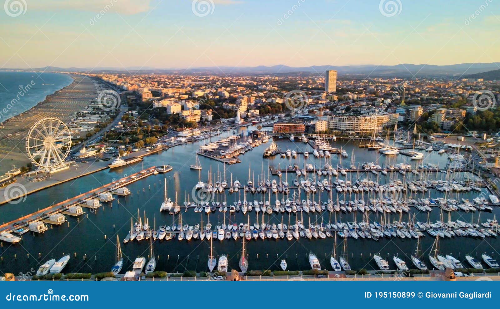 overhead aerial view of rimini port with docked boats, italy