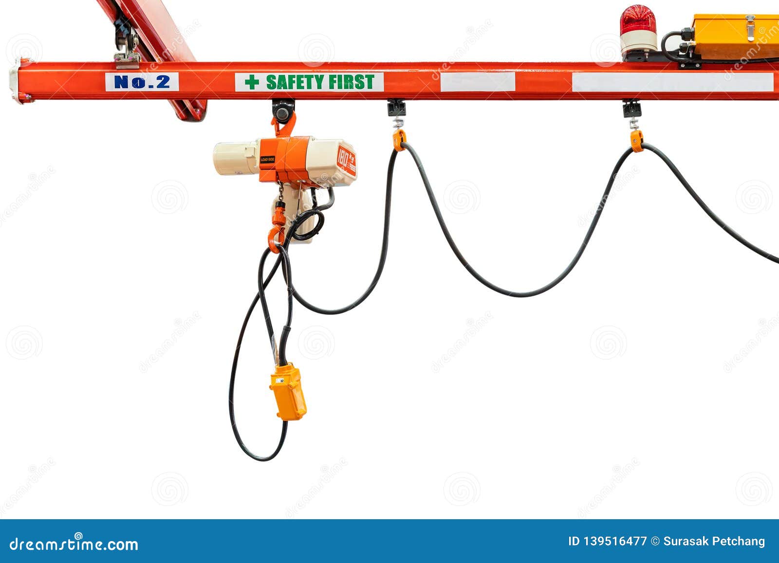 overhead electric chain hoist with hook remote switch control  on white background with clipping path