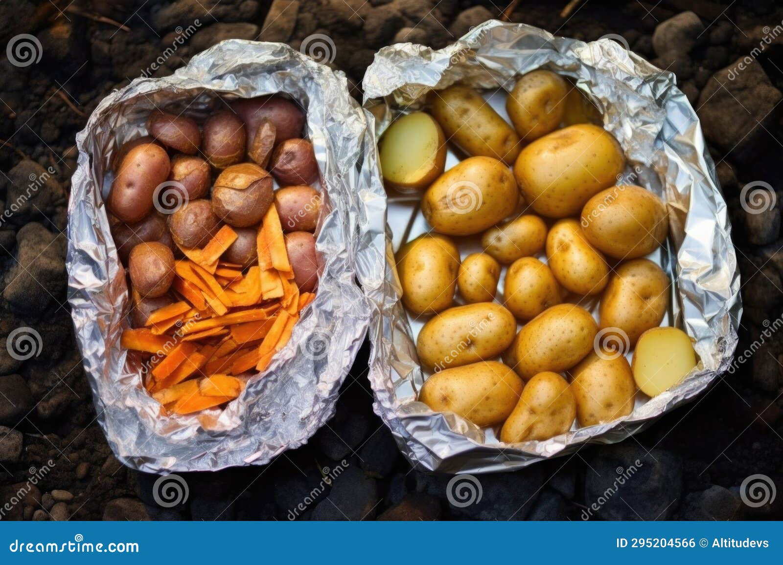 overhead shot of campfire with foil-wrapped potatoes