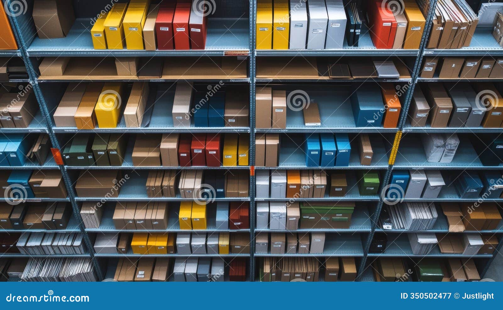 an overhead shot of a distinct colorcoded asset tagging system organized on a shelving unit showcasing a systematic