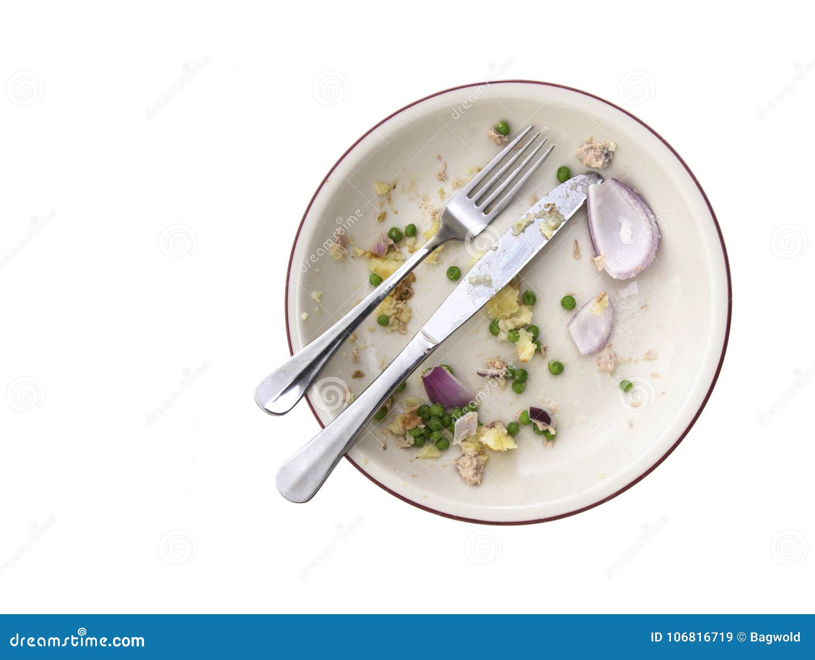 overhead shot of an empty plate with leftovers from a meal on a white background
