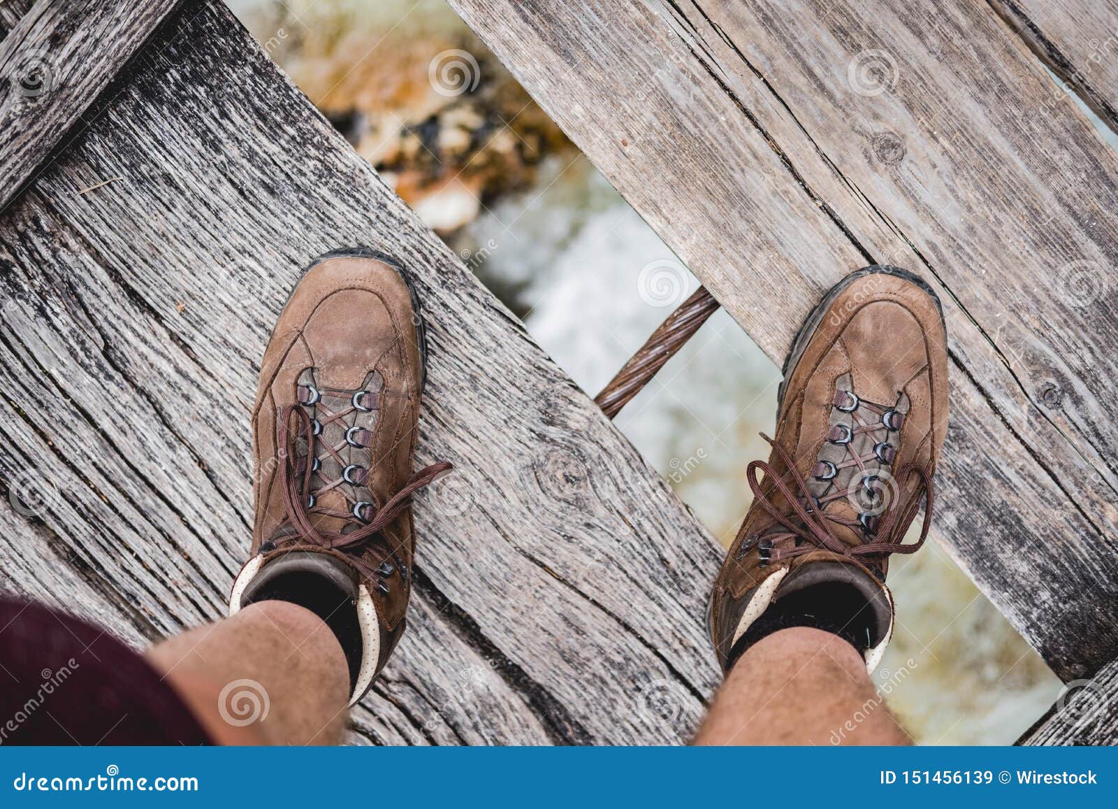 Overhead Shot of a Male Feet Standing on a Wooden Bridge Wearing Hiking ...