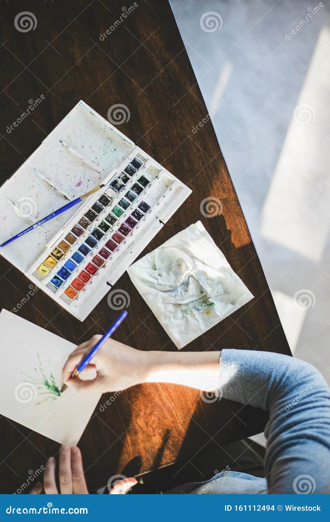 Overhead Shot of a Person Painting with Watercolors and a White ...