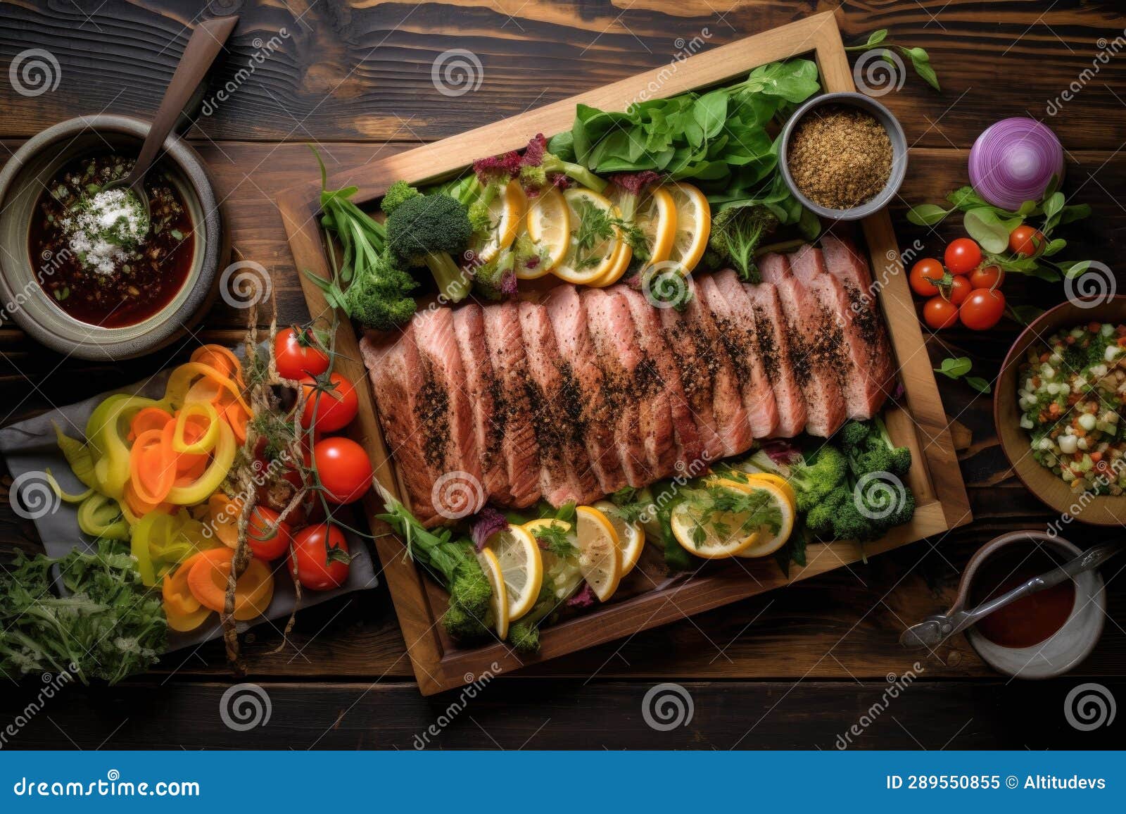 Overhead View of Cedar Plank Grilling Tuna with Garnishes Stock