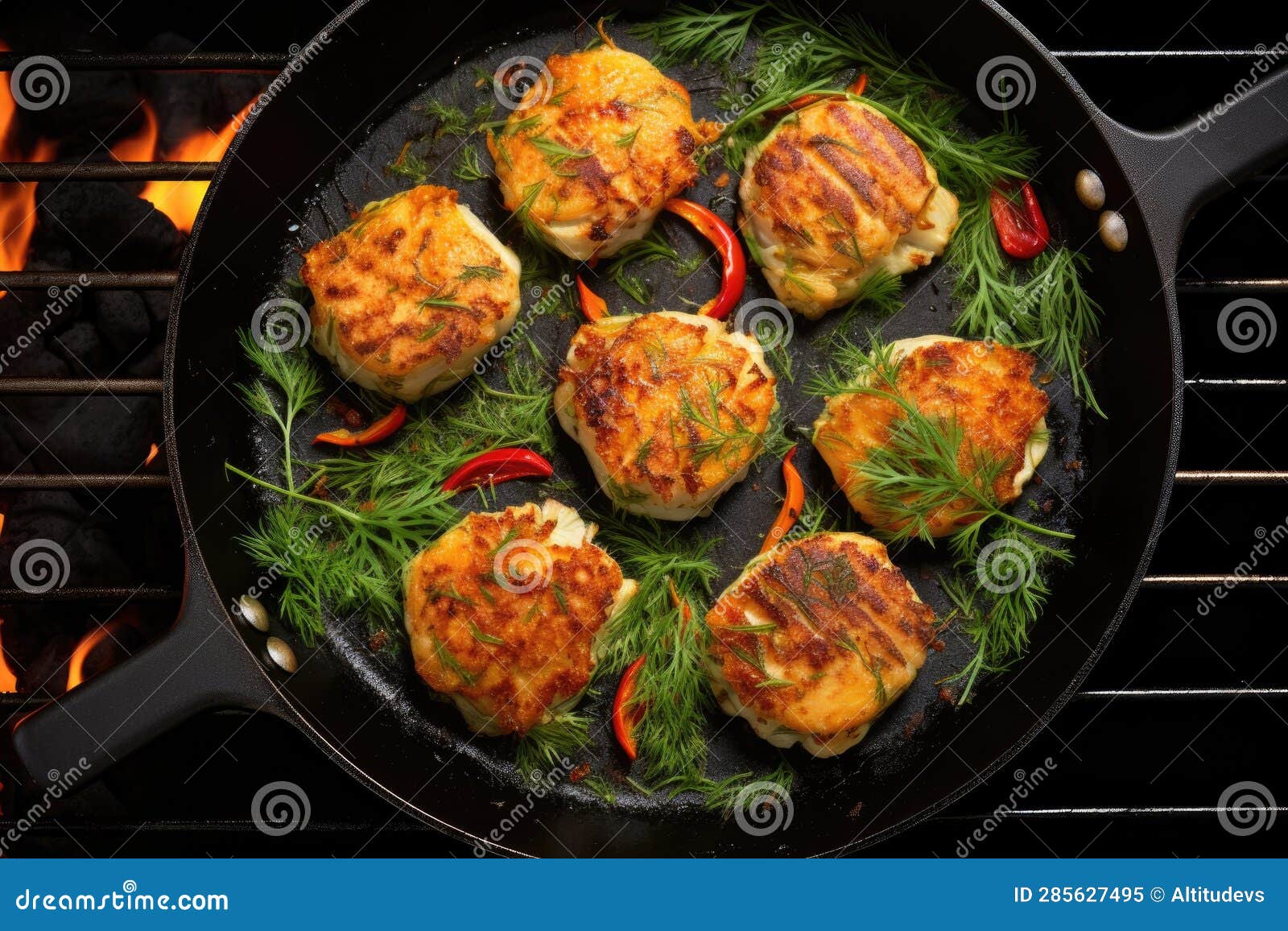 Overhead View of Crab Cakes Frying in a Hot Pan Stock Image Image of