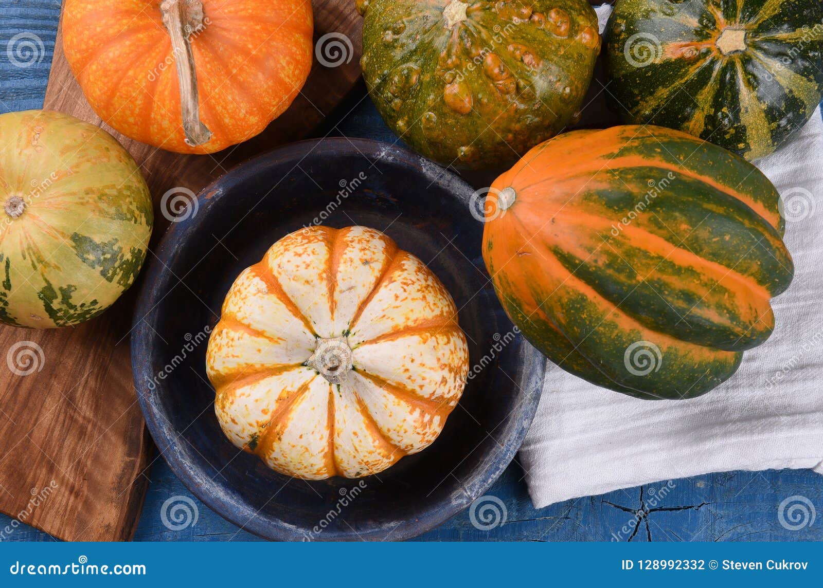 Overhead View Of Decorative Gourds Squash And Pumpkins Stock