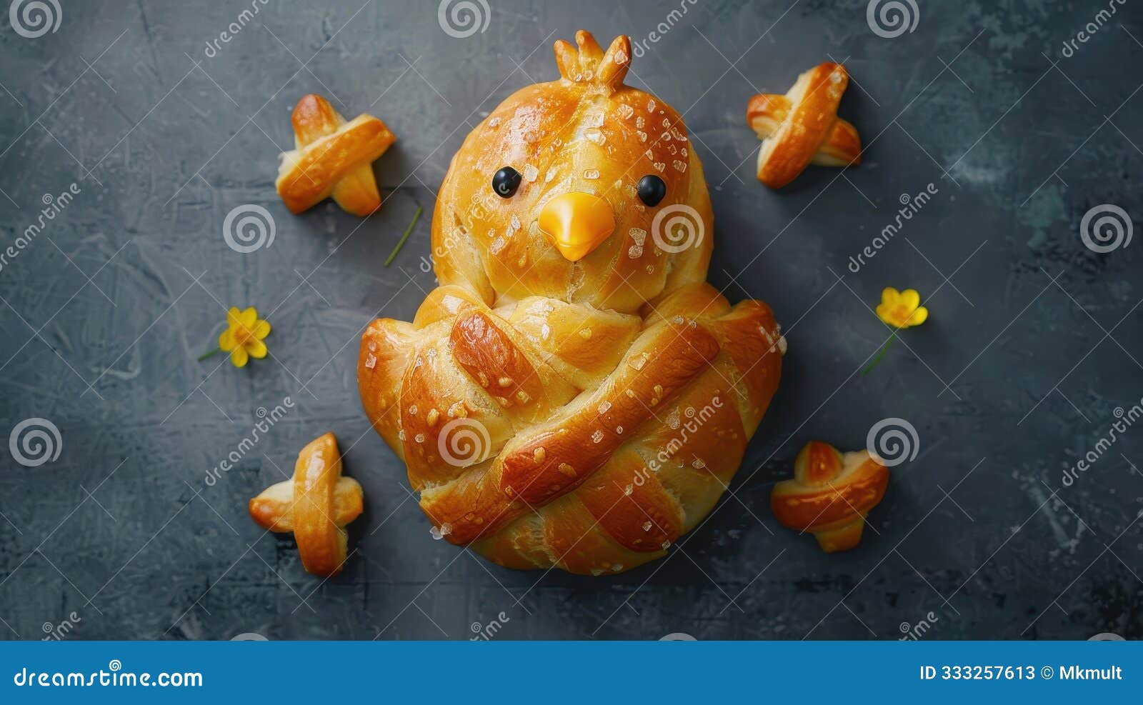 overhead view of an easter chick created from freshly baked hot cross buns in a vibrant arrangement