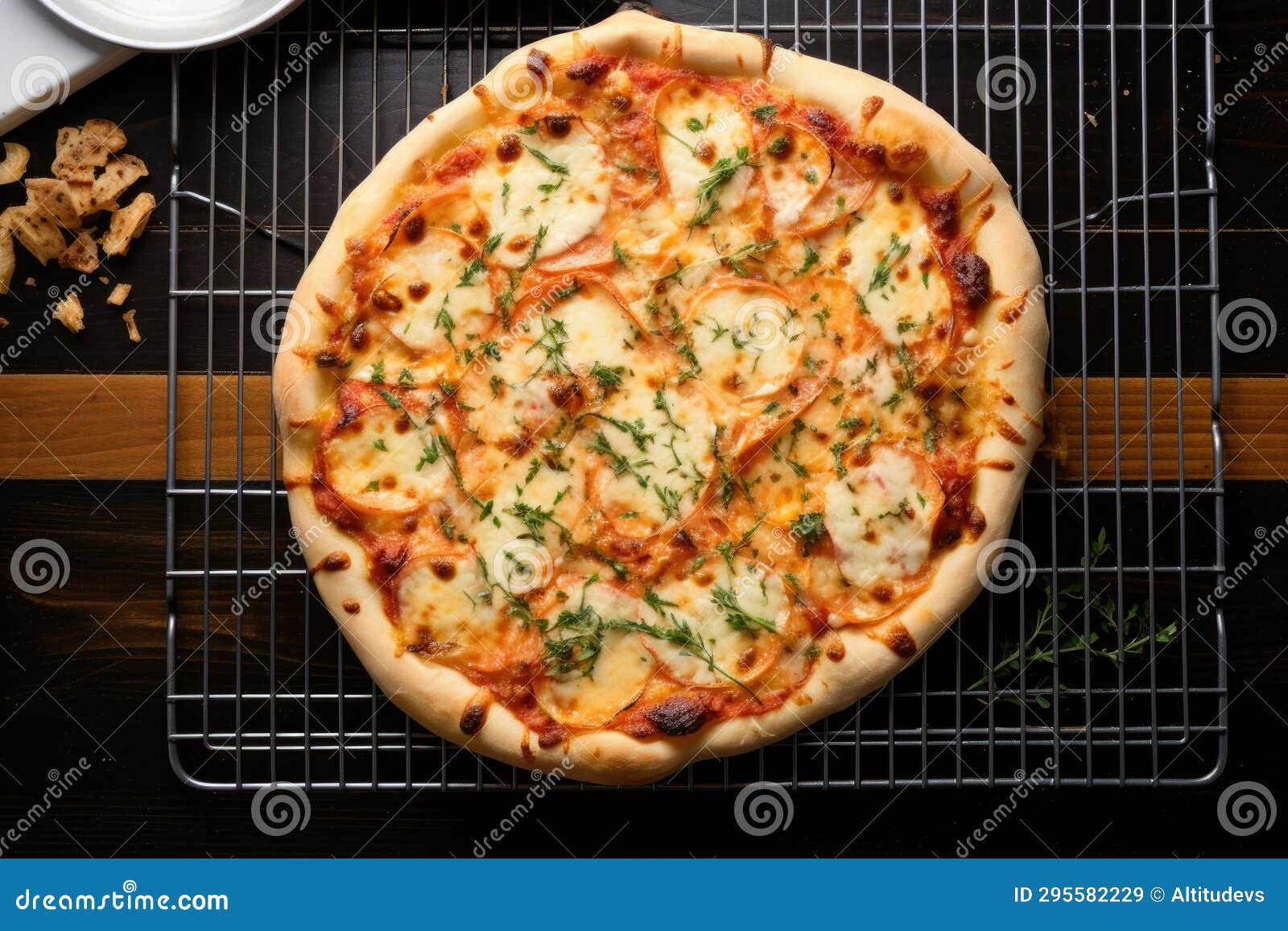 Overhead View of a Homemade Cheese Pizza on a Cooling Rack Stock