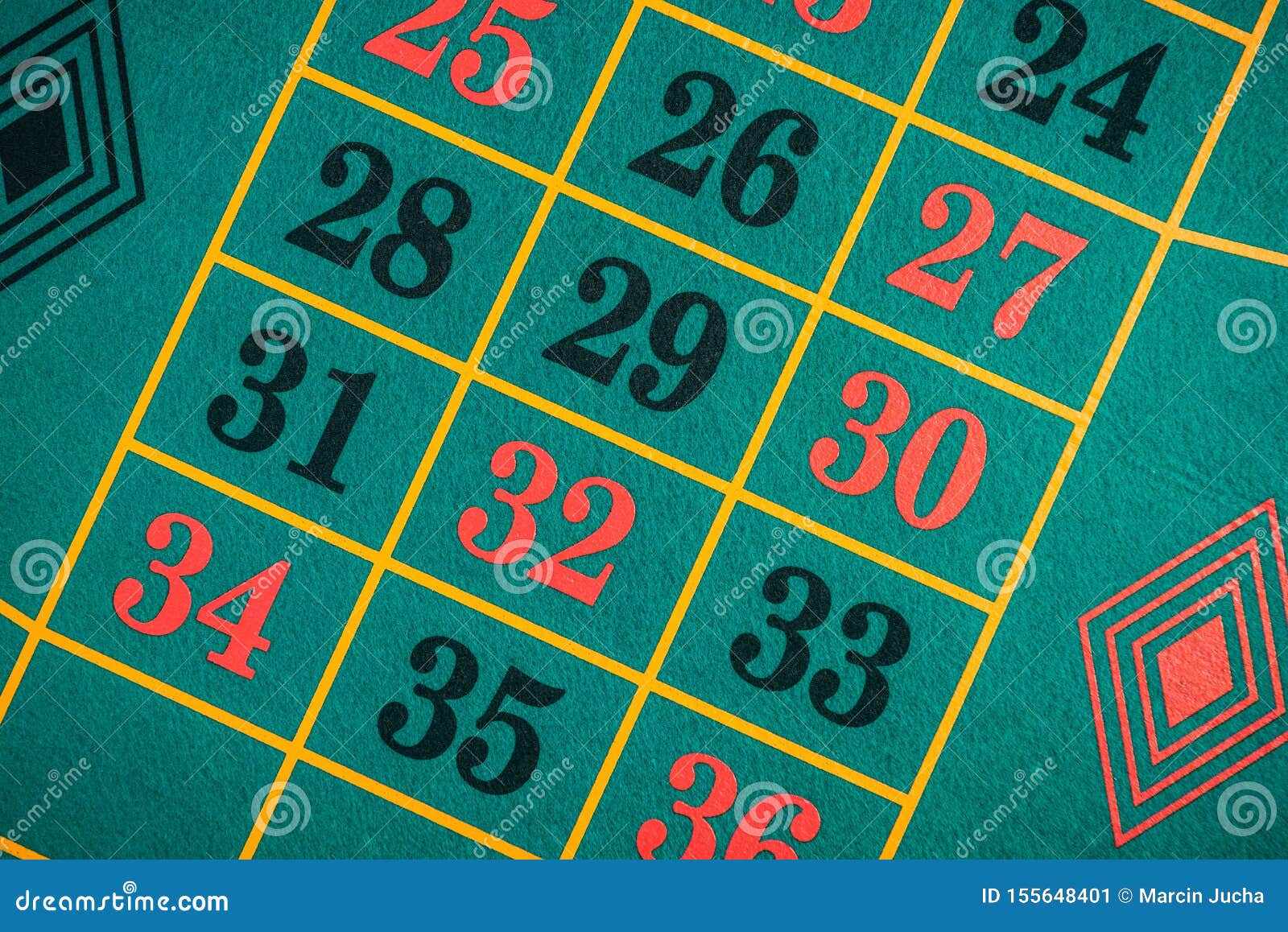 Overhead View Over Casino Roulette Felt Table with Lucky Numbers Stock