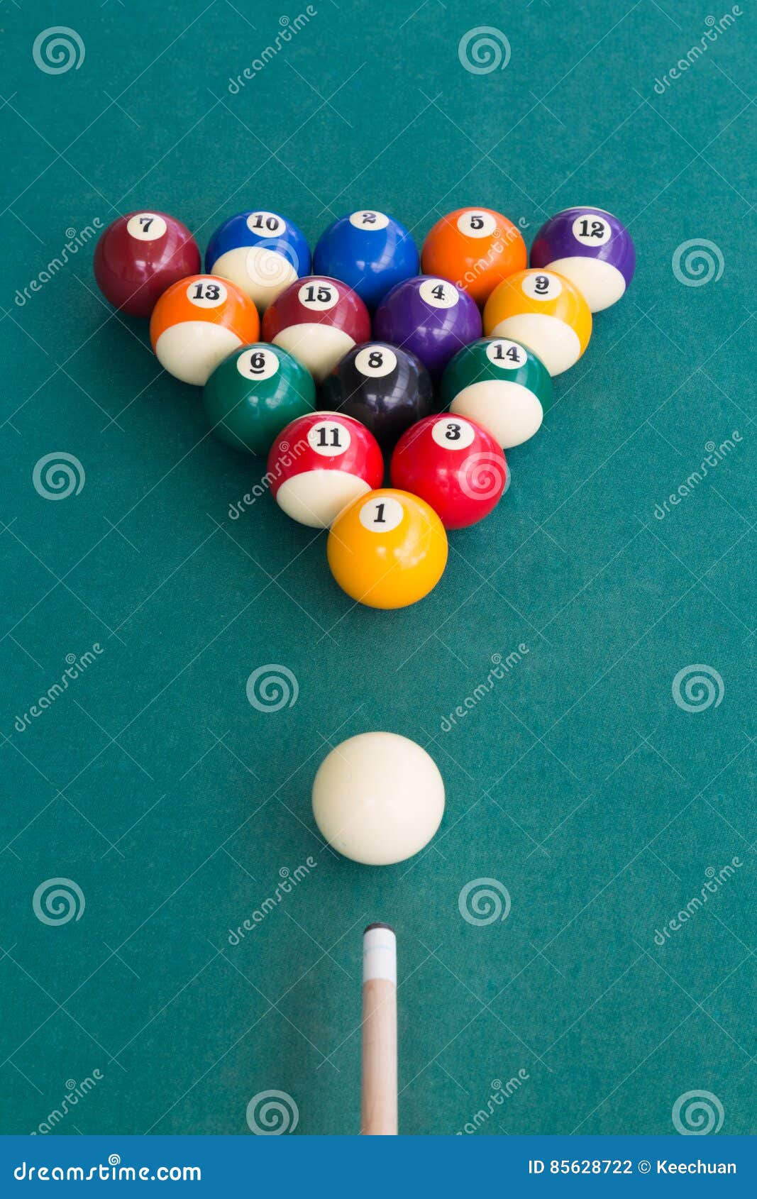Overhead View of Pool Billards Snooker Balls on Green Table Stock Photo