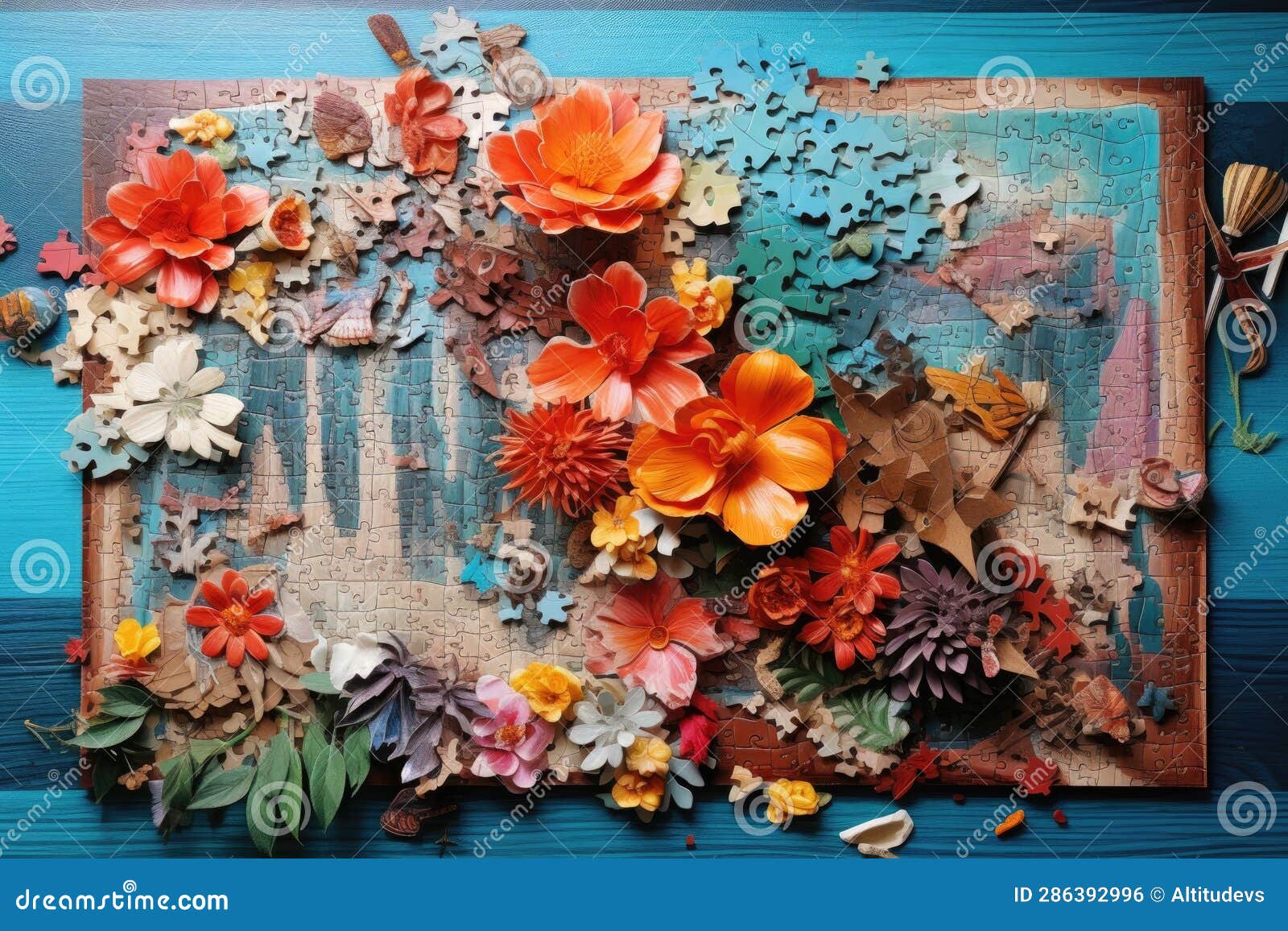 Overhead View of Puzzle in Progress Stock Photo Image of completion