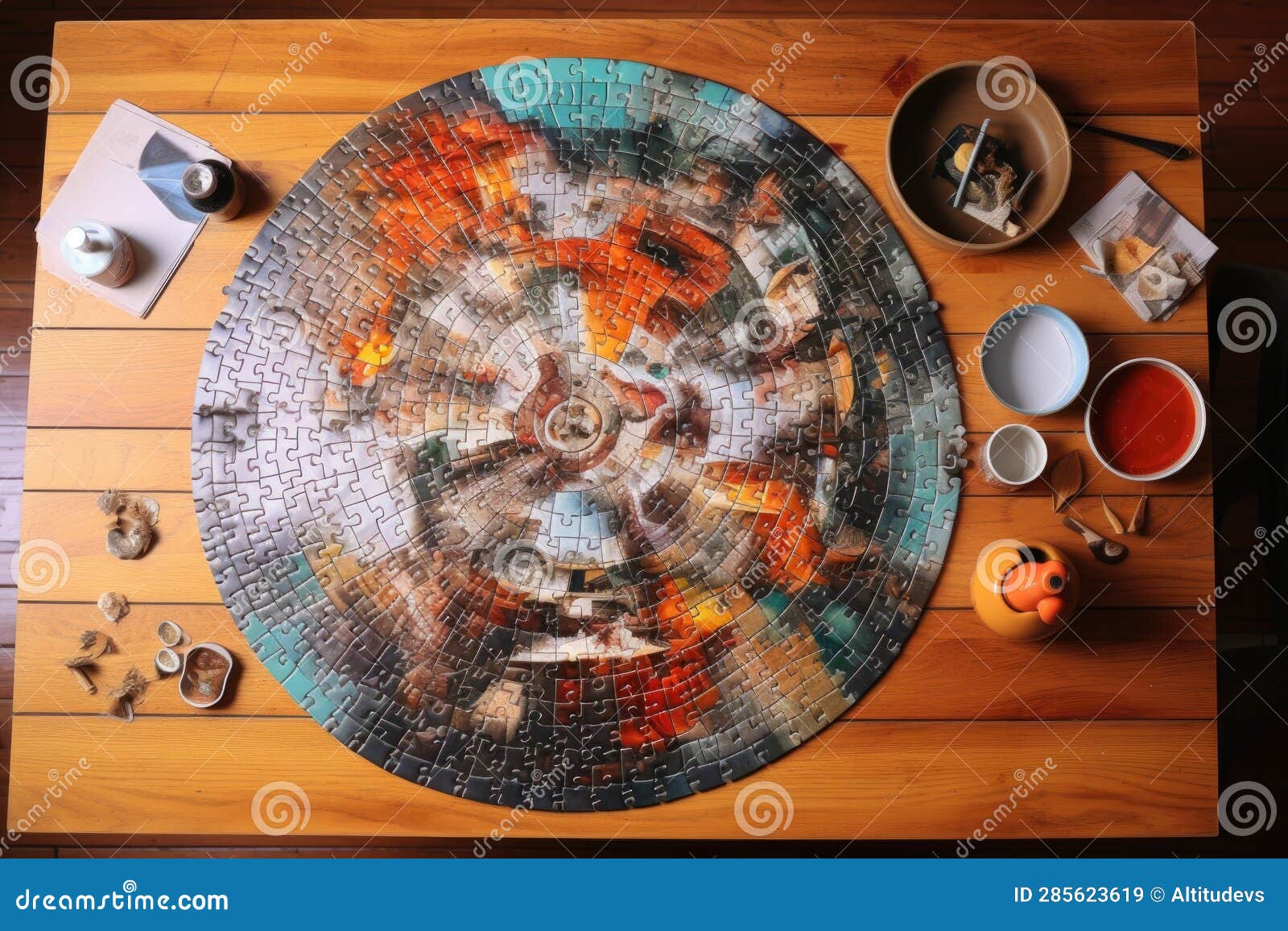 Overhead View of Puzzleinprogress on a Table Stock Illustration