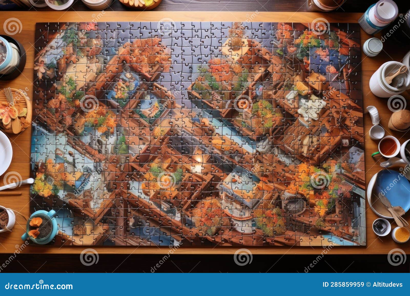 Overhead View of Puzzleinprogress on a Table Stock Illustration