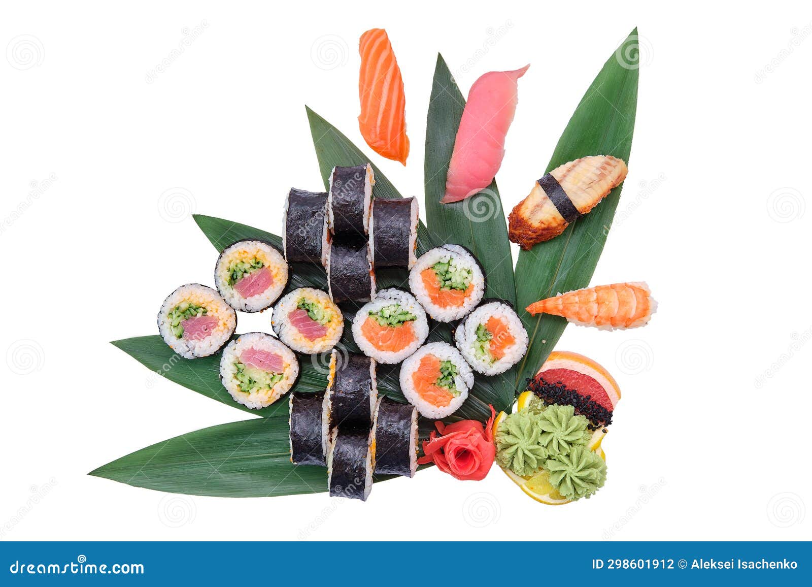 Overhead View of Set of Sushi and Rolls Served on Bamboo Leaves Stock