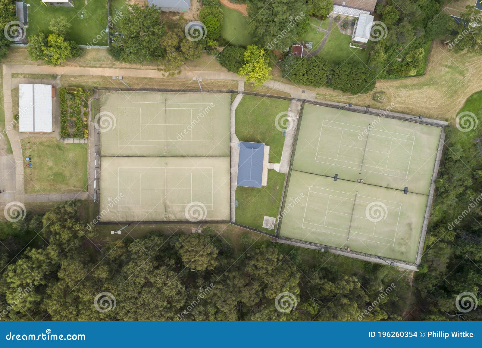 An Overhead View of a Tennis Court in the Suburbs Stock Photo Image