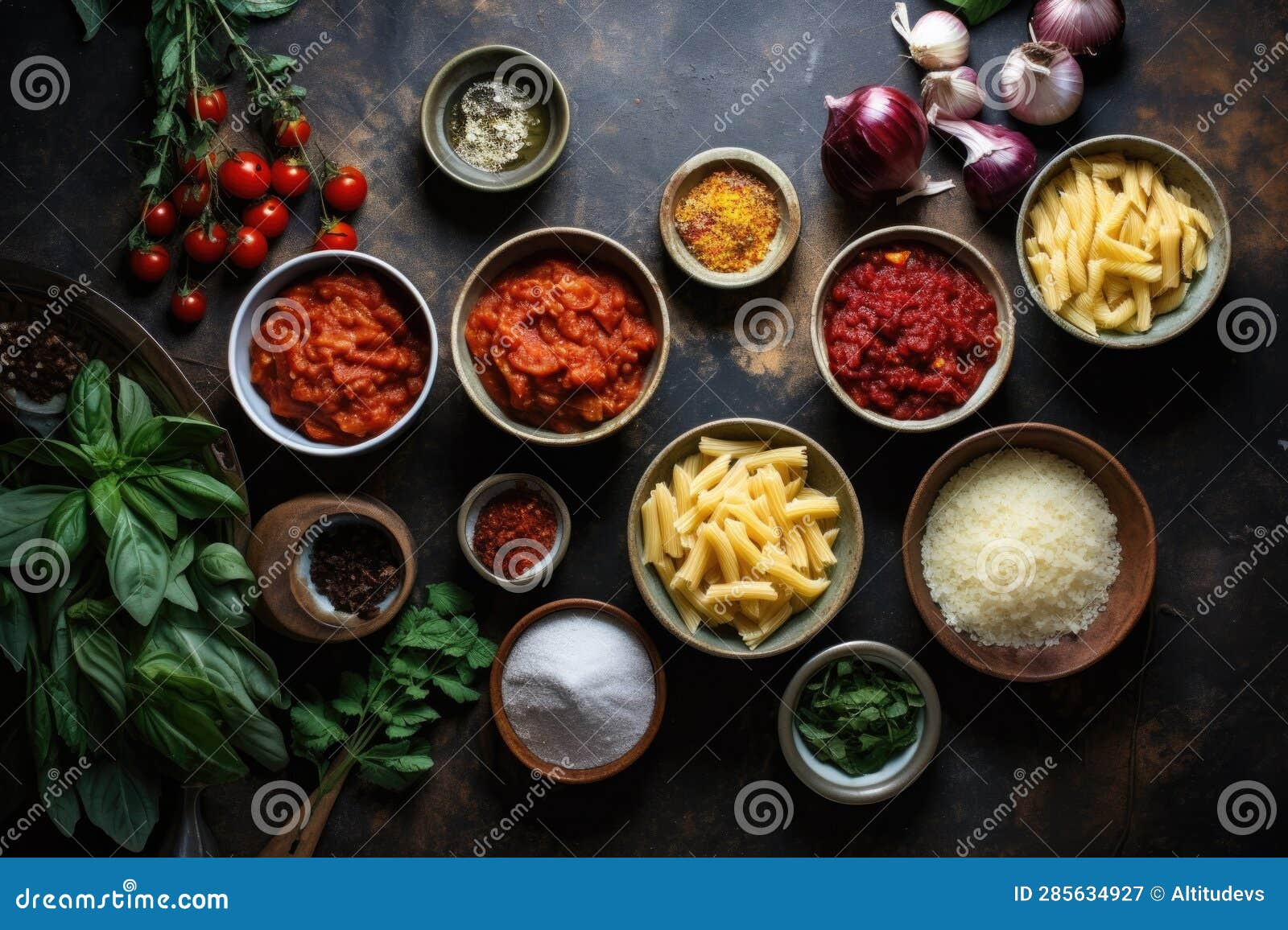 Overhead View of Various Ingredients for Pasta Sauce in Small Bowls