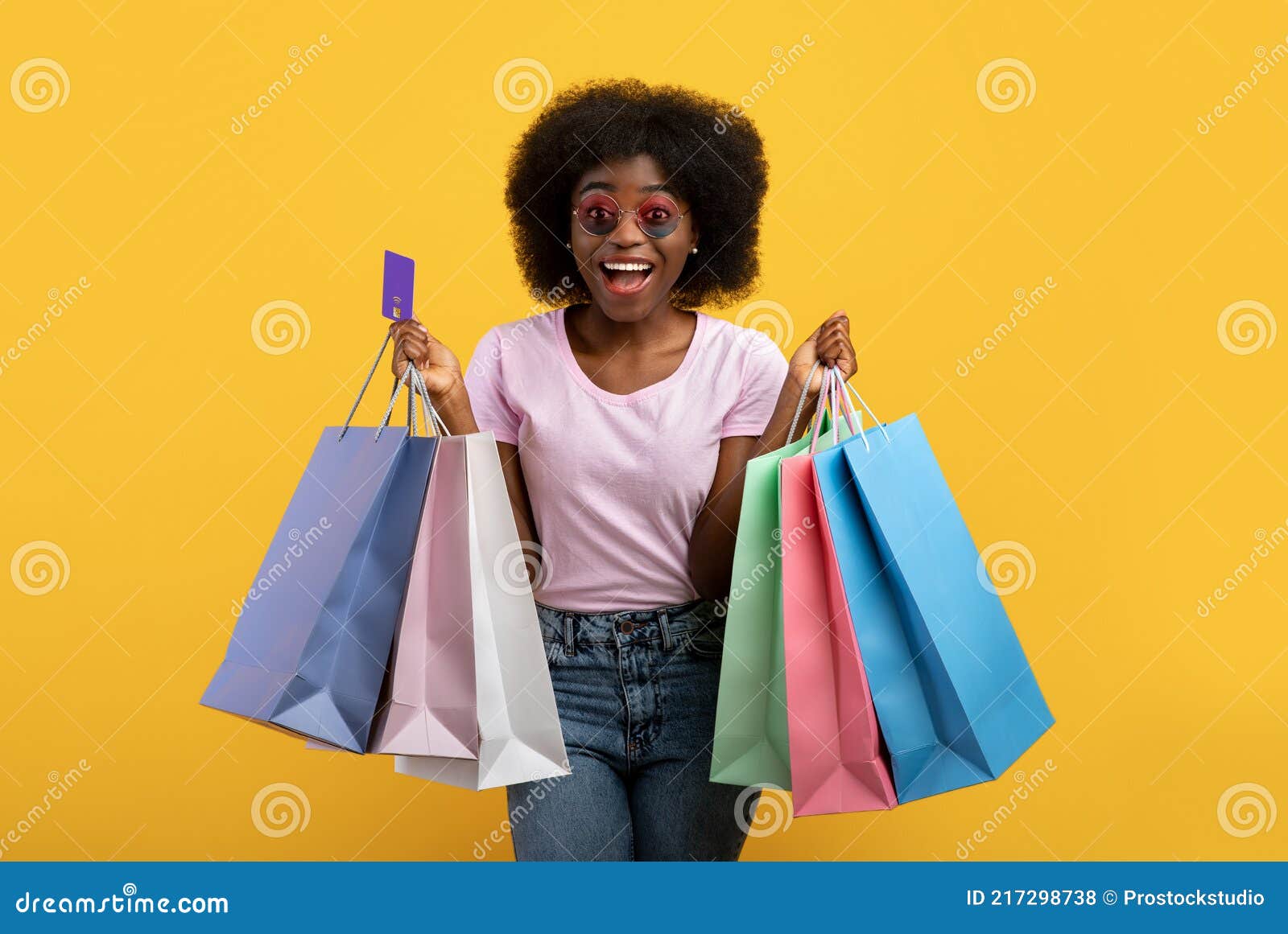 Overjoyed African American Lady with Shopping Bags and Credit Card ...