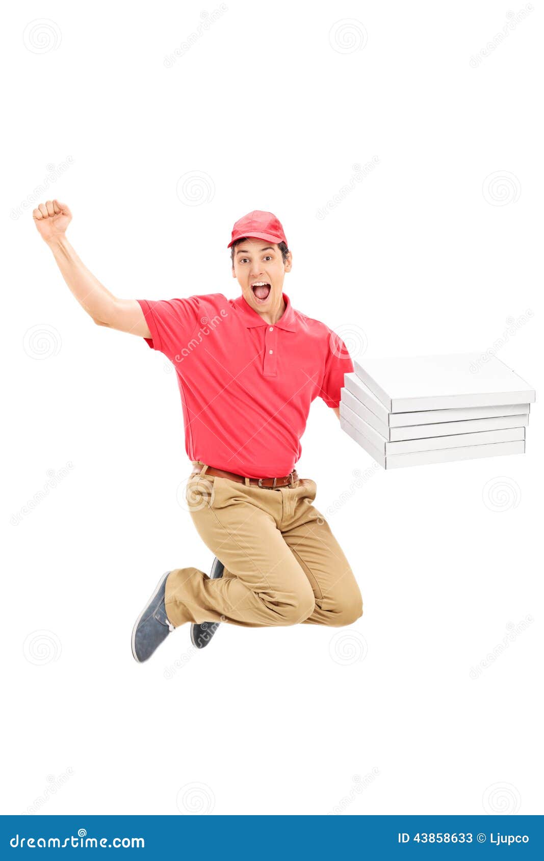 Overjoyed Pizza Delivery Guy Jumping Stock Image Image of looking