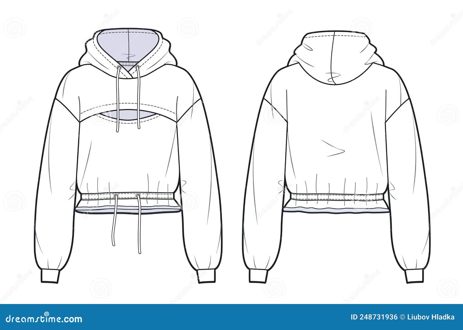 crop hoodie sweat with long sleeves techical drawing template. girl's cropped sweatshirt fashion flat sketch template.