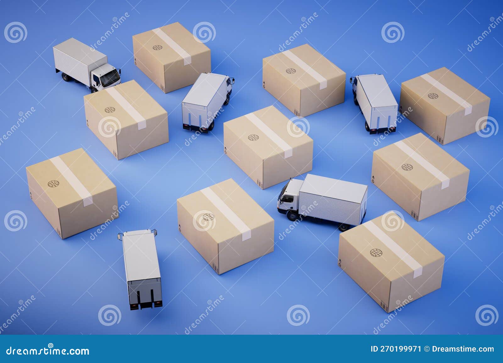 Oversized Cargo Leaving. Trucks and Boxes with Parcels on a Blue