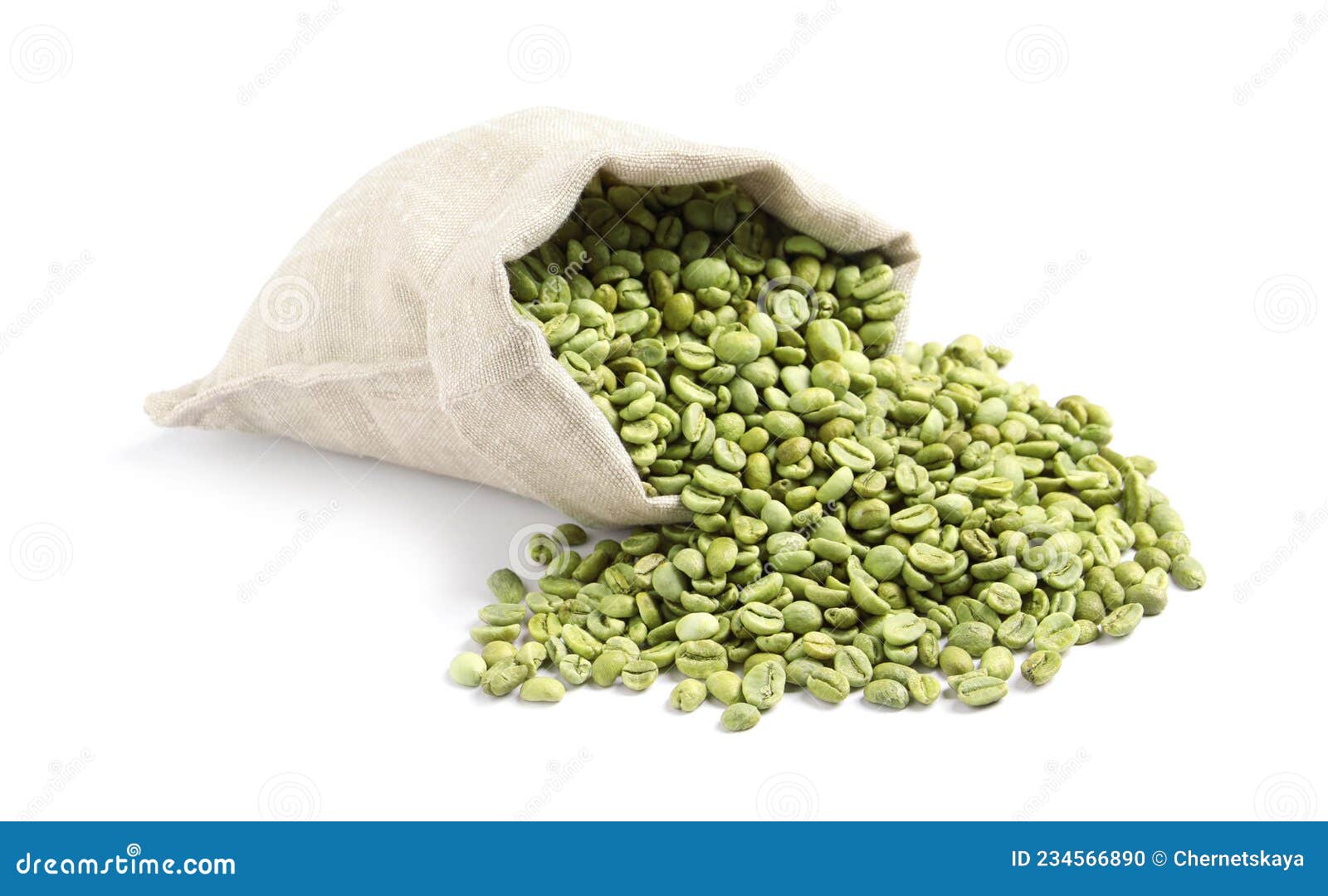 Overturned Sackcloth Bag with Green Coffee Beans on White Background