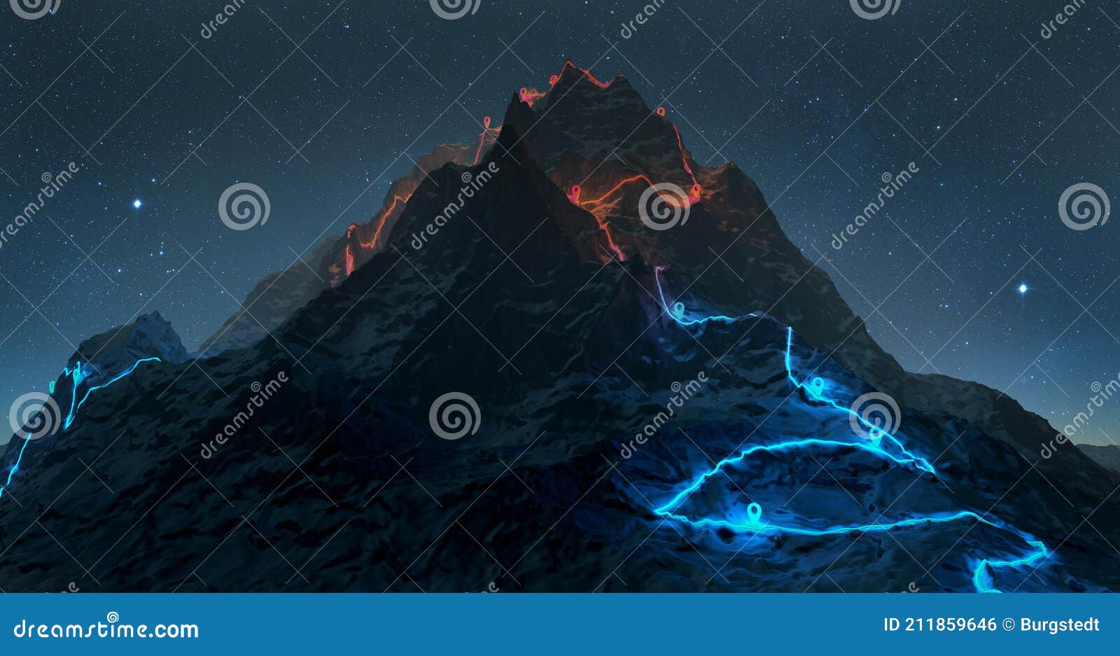 overview of a winding hiking trail through the mountains with waypoints