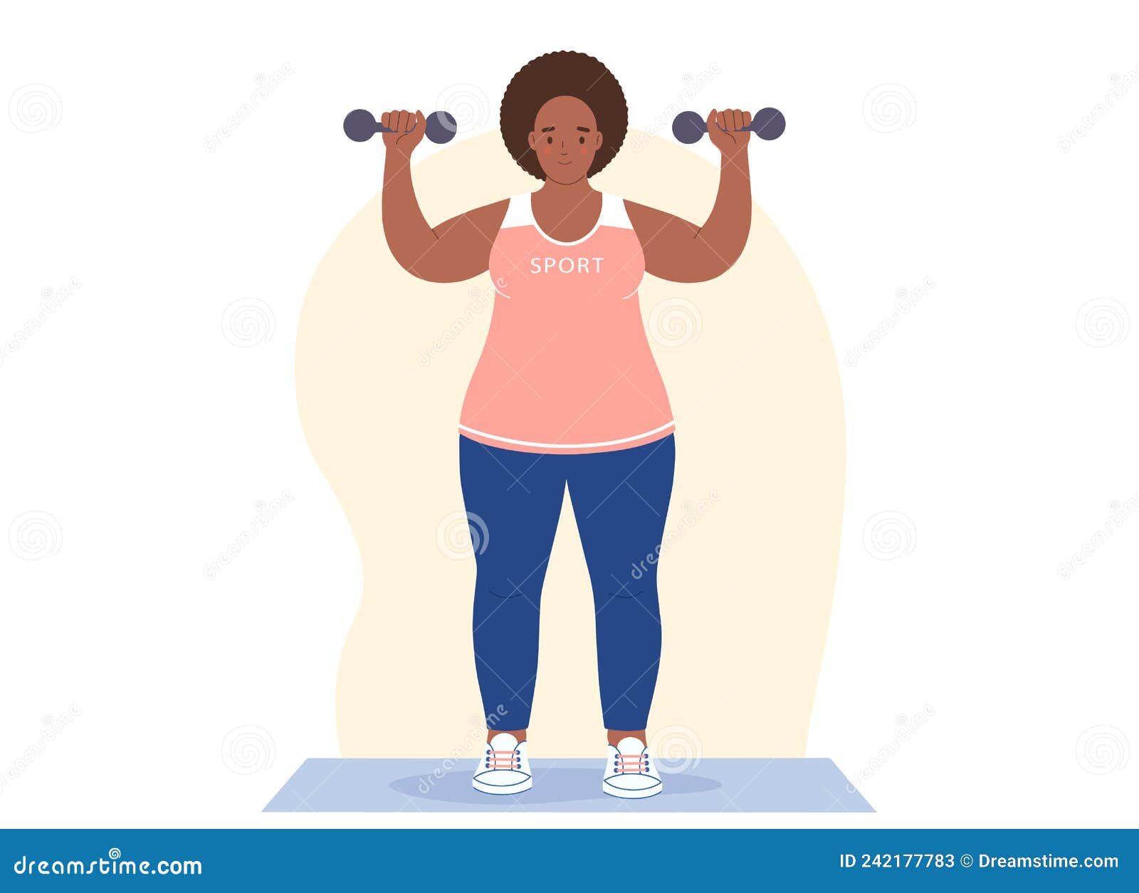 Overweight African Woman Does Fitness with Dumbbells. Concept of ...