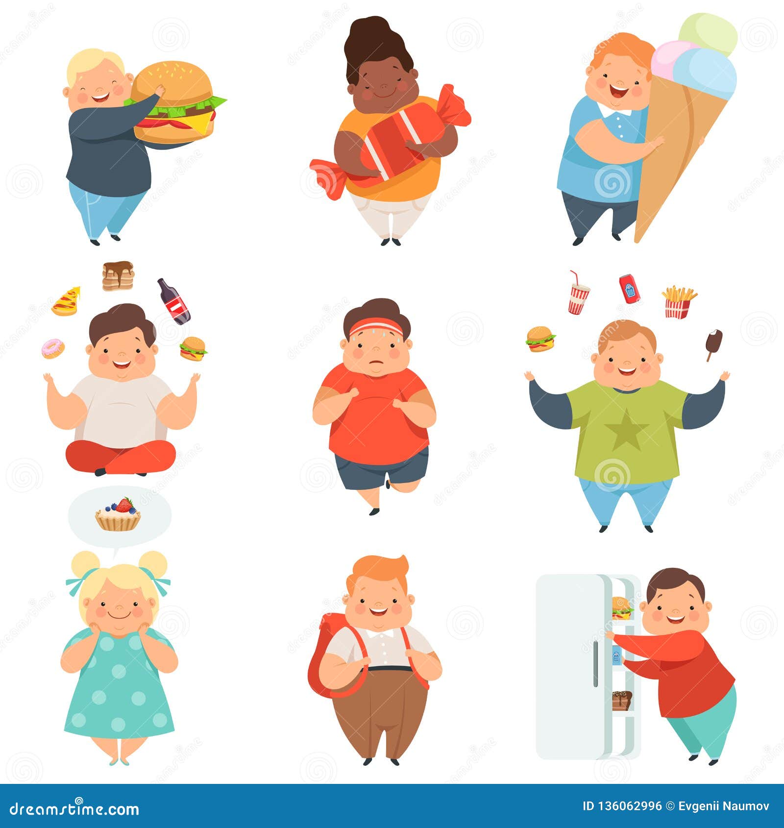 Overweight Boy Cute Chubby Child Cartoon Characters Eating Chocolade