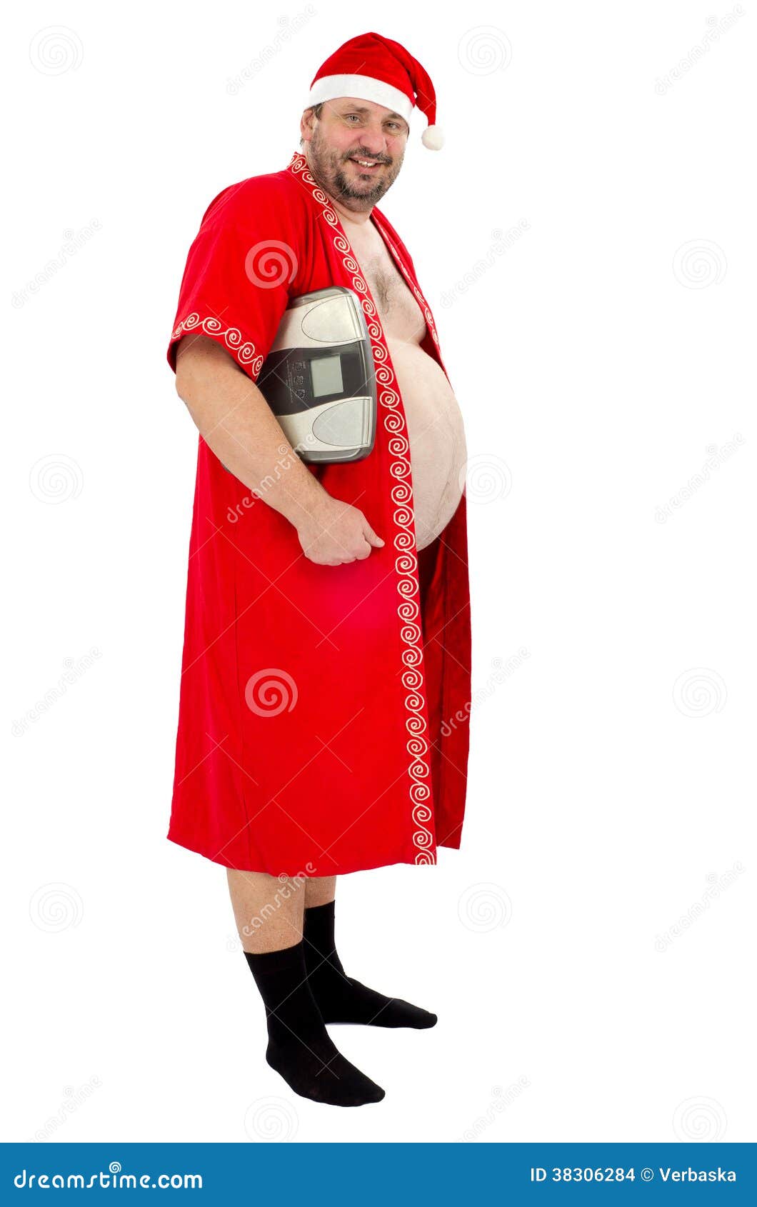 Overweight Santa Posing With Scales Stock Photo Image of overweight