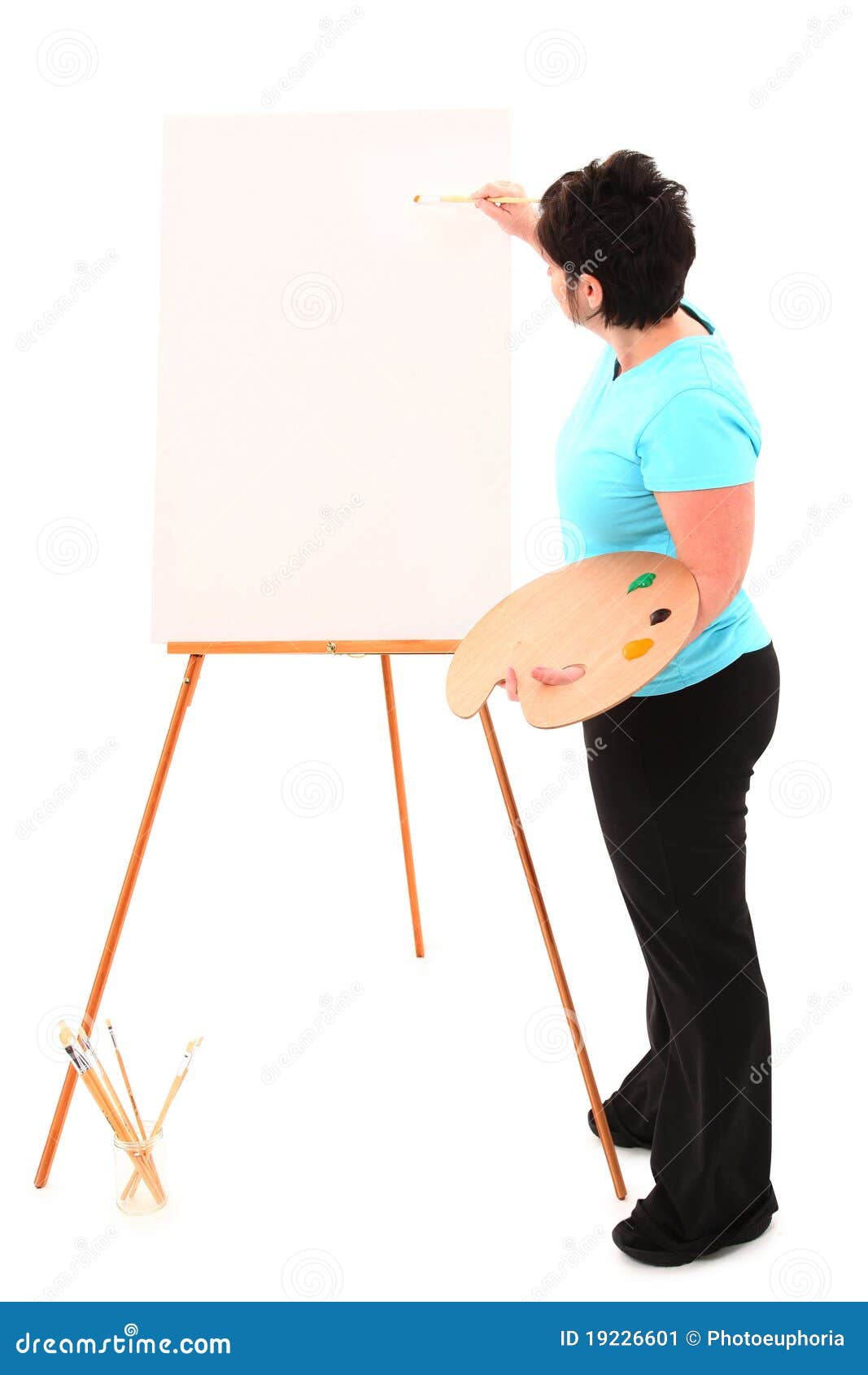 Overweight Woman At Easel Painting Stock Image - Image of 