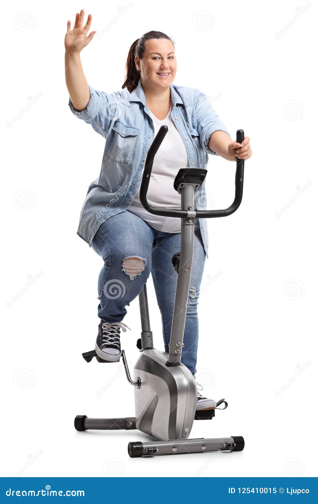 Overweight Woman Exercising on a Stationary Bike with Thumbs Up Stock ... - Overweight Woman Exercising Stationary Bike Thumbs Up Full Length Portrait Overweight Woman Exercising 125410015