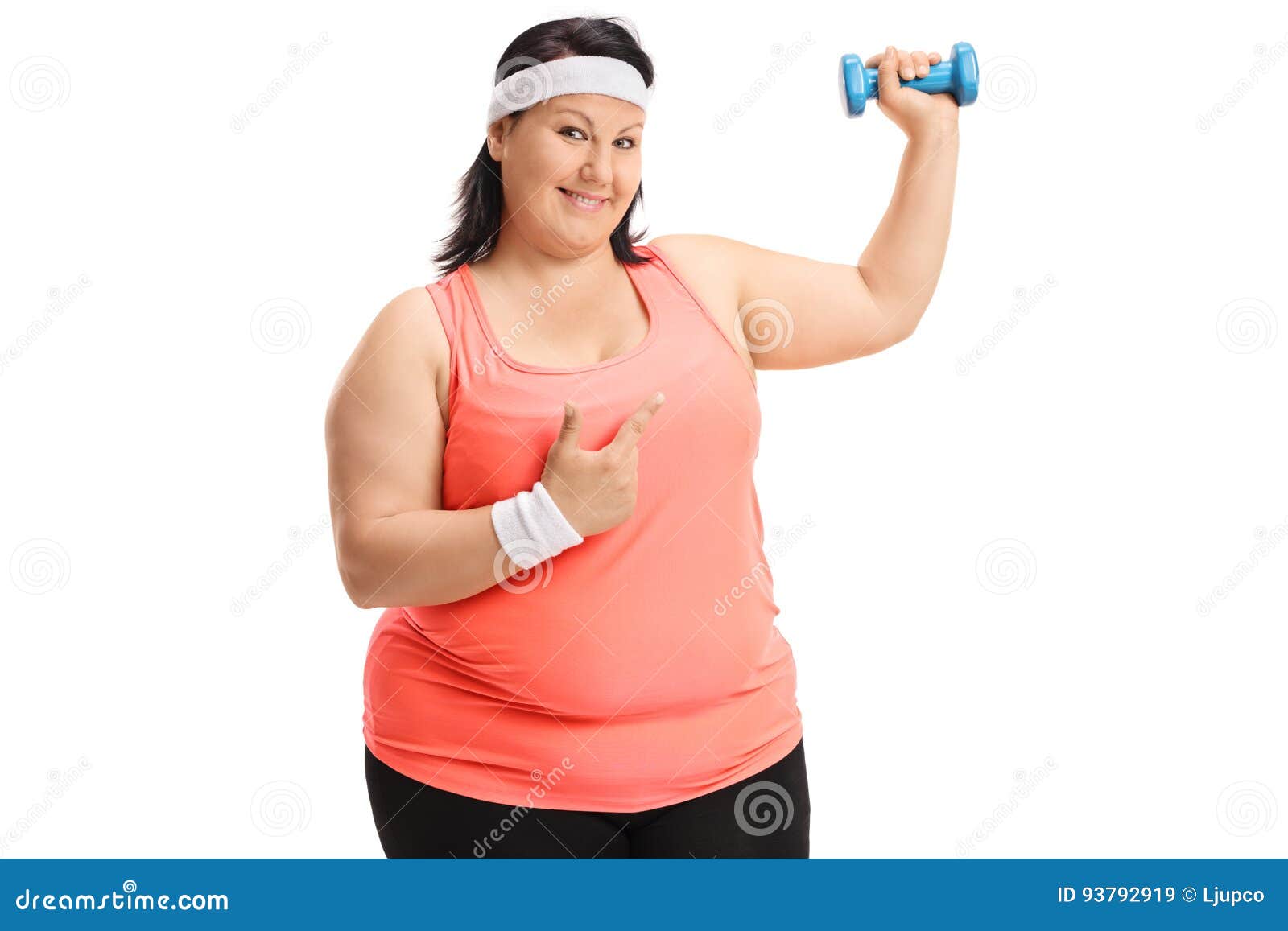 Overweight Woman Lifting a Small Dumbbell and Pointing Stock Image ...