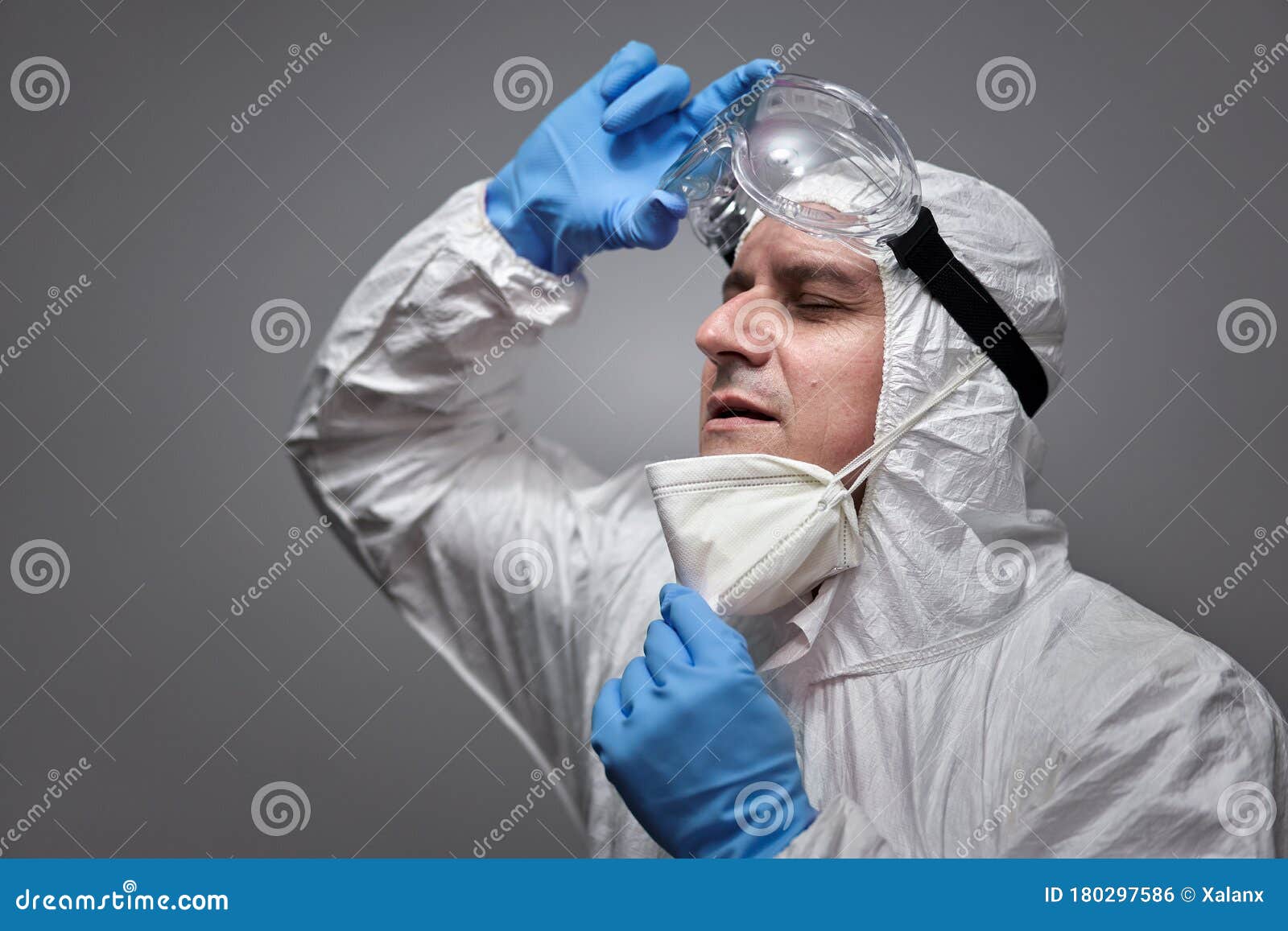 Overwhelmed Man in Hazard Overall Suit Stock Photo - Image of ...