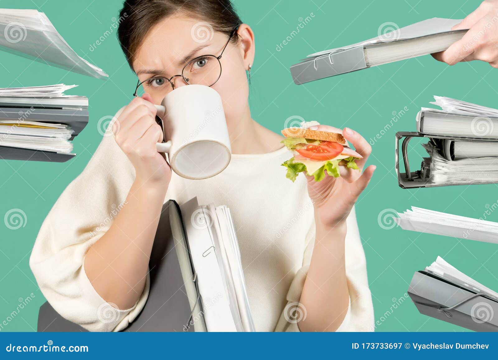 The Overworked Office Ladys Cafe Crush Overworked Office Worker Drinks Coffee and Eats a Sandwich Stock Image