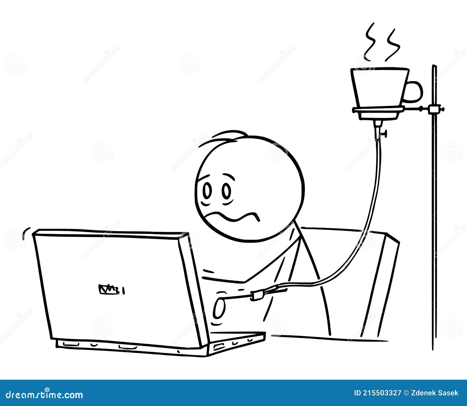 overworked or tired office worker, man or businessman working on computer with coffee infusion,  cartoon stick