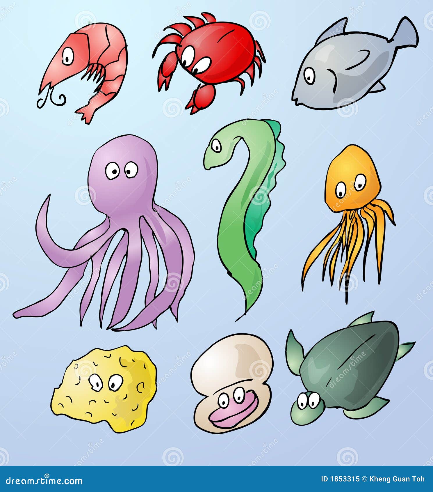 De illustraties van het beeldverhaal van overzeese schepselen: garnalen, krab, vissen, octopus, paling, kwallen, spons, tweekleppig schelpdier, turtleVectorillustratie beschikbaar voor download. <a href="http://www.dreamstime.com/search.php?srh_field=vector&x=15&y=7&s_ph=y&s_il=y&s_sm=all&s_cf=0&s_st=new&s_catid=&s_cliid=&s_colid=&memorize_search=0&s_exc=&s_sp=kgtoh&s_sl1=y&s_sl2=y&s_sl3=y&s_sl4=y&s_sl5=y&s_rsf=0&s_rst=7&s_clc=y&s_clm=y&s_orp=y&s_ors=y&s_orl=y&s_orw=y">==&gt; klik hier voor meer vectoren</a>