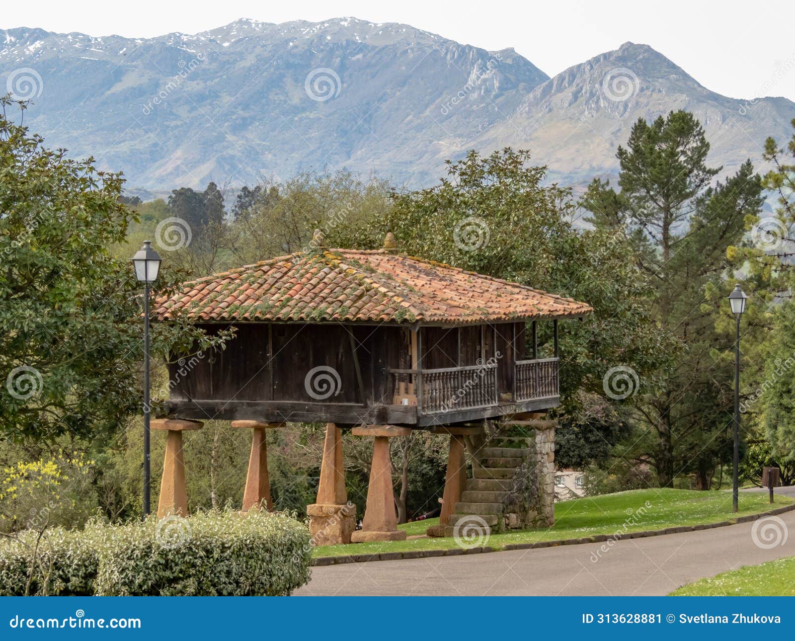 oviedo, spain - april 04, 2024: horreo - typical asturian granary or storehouse in the inverno public park in the oviedo,asturias