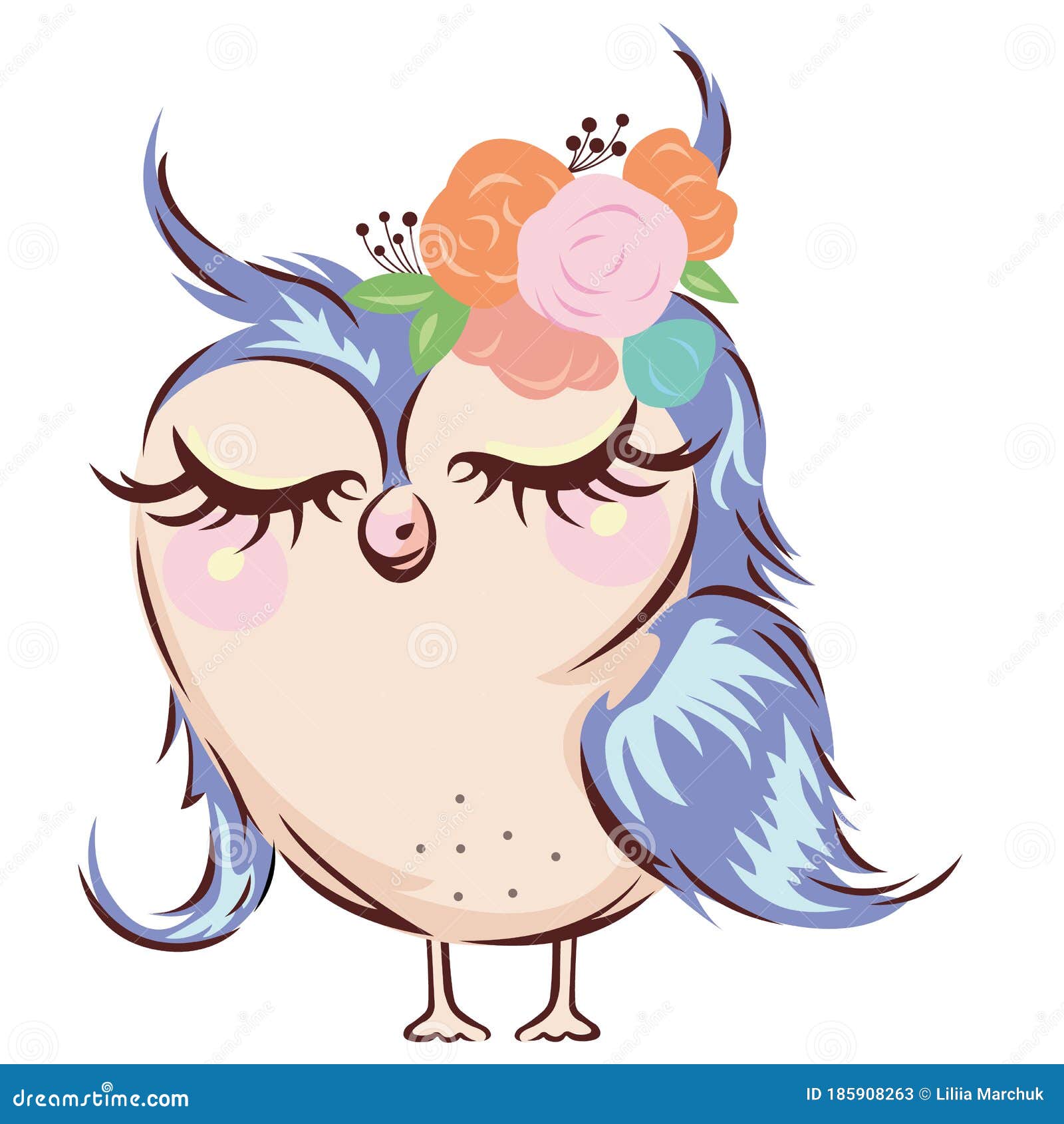 Owl with Closed Eyes with Happiness. Cartoon Cute Postcard Sleeping Owl  Girl with Blue Hair and Flowers Stock Vector - Illustration of funny, girl:  185908263