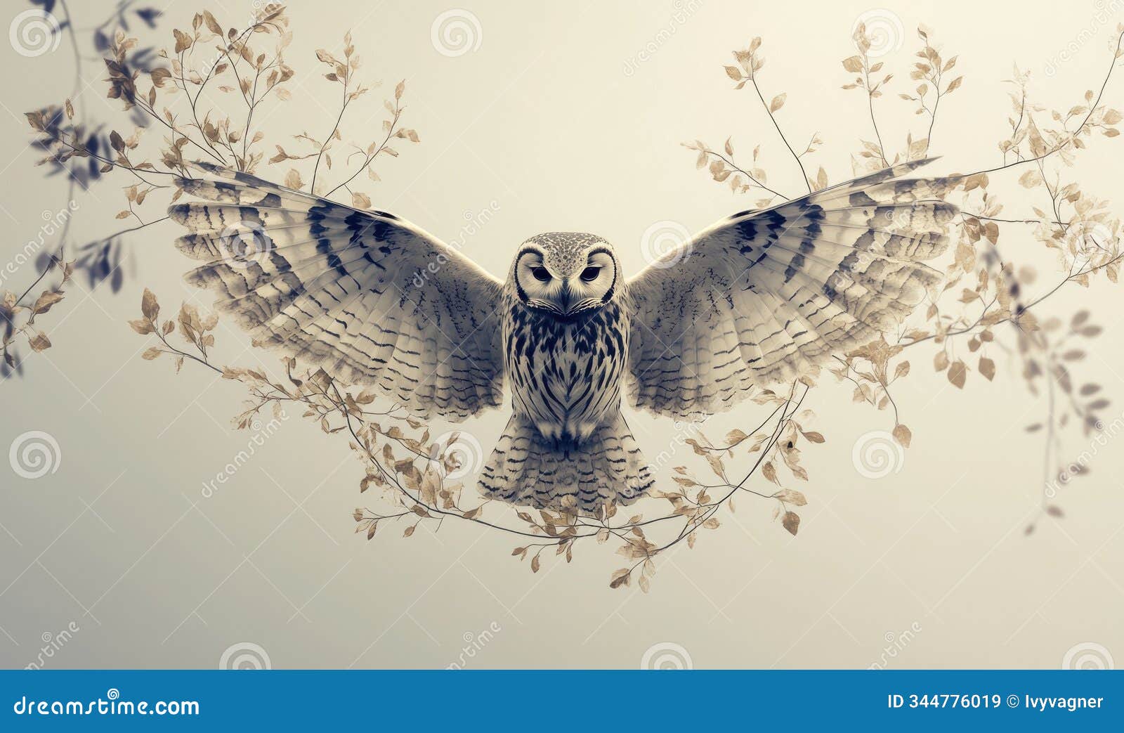 an owl with powerful wings spread wide, morphing into a geometric frame of delicate branches with small leaves