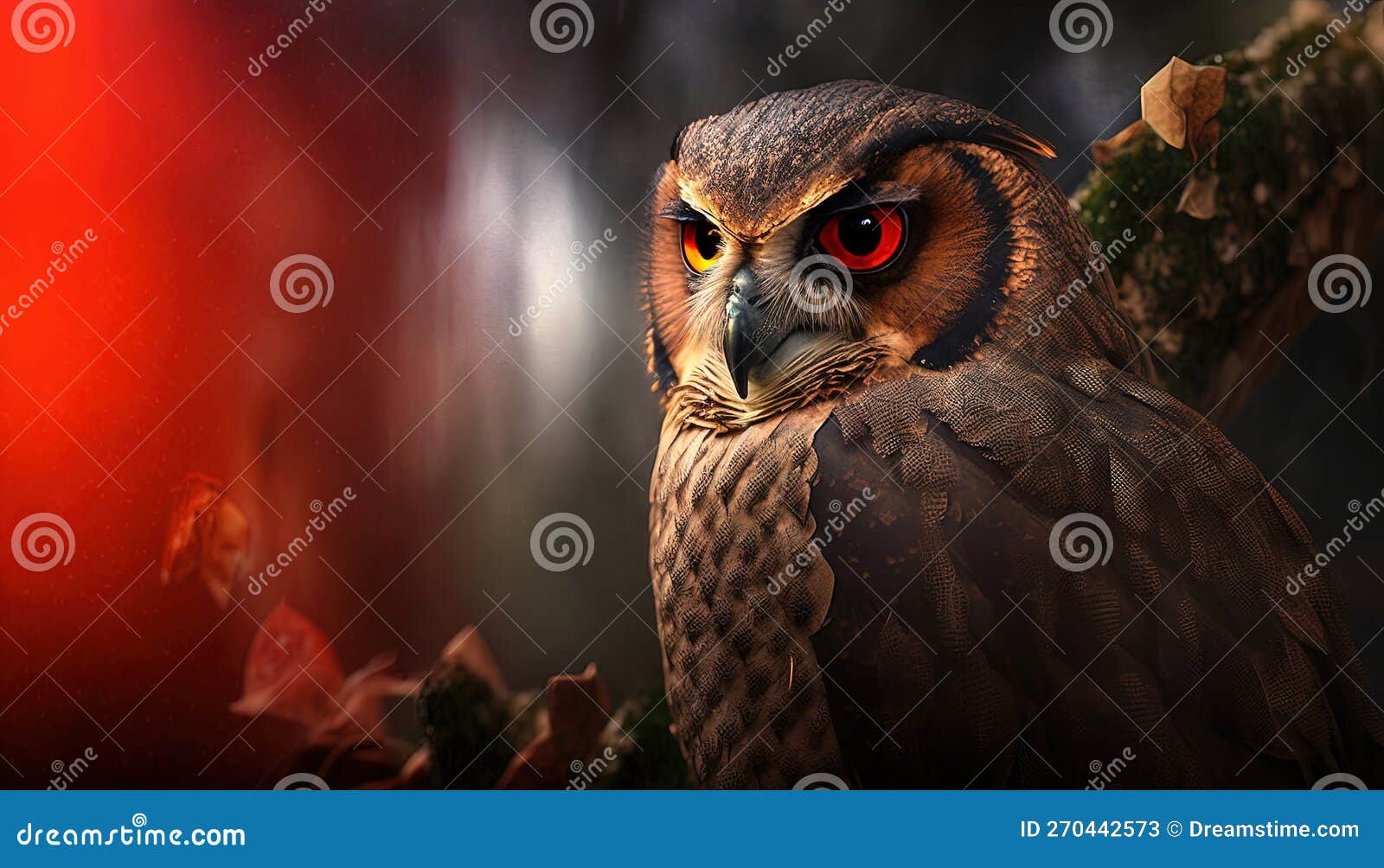 An Owl with Red Eyes Sitting on a Branch of a Tree. Stock Illustration