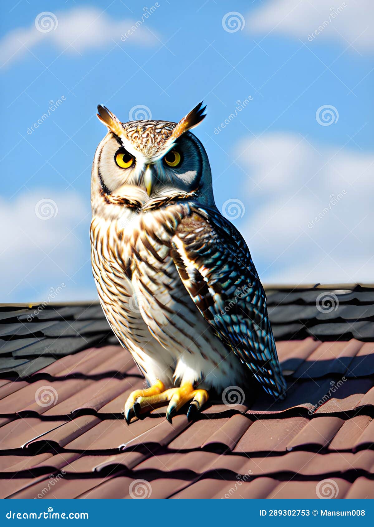 The Owl is Sitting in the Roof of the House, AI Generated Stock