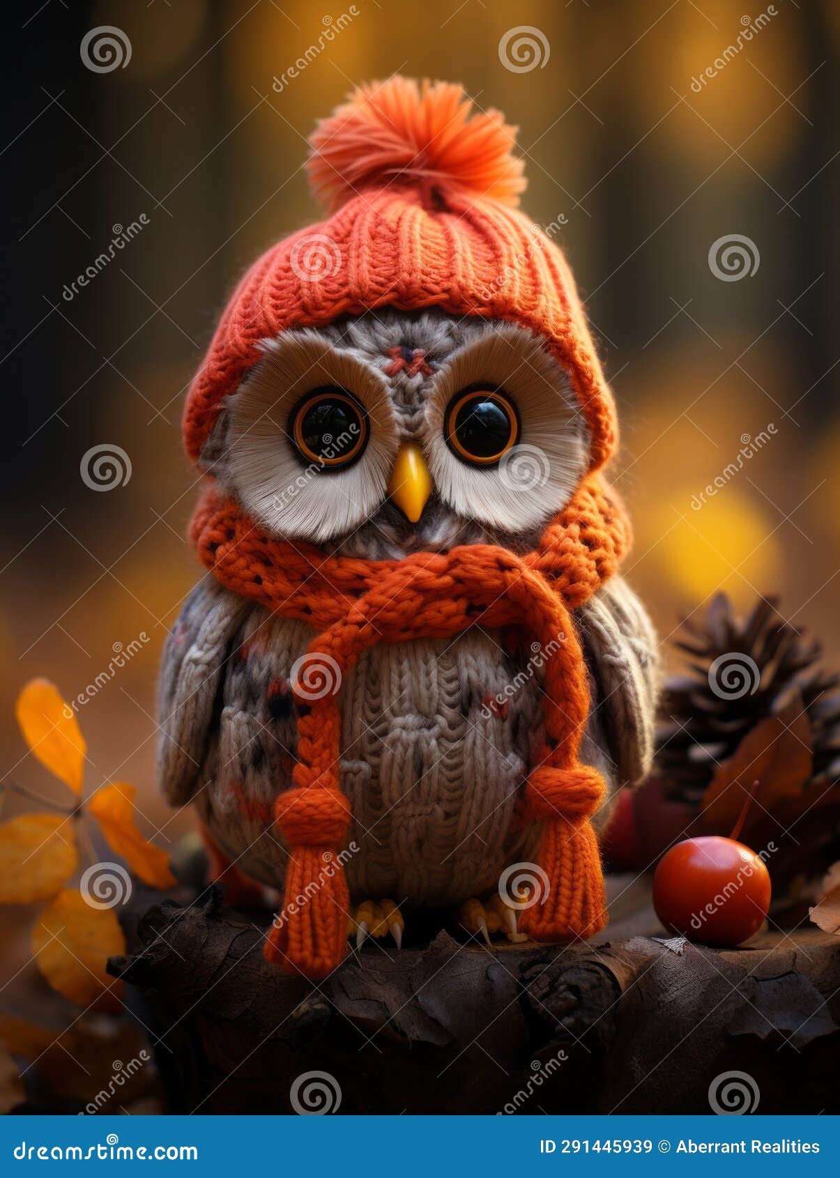An Owl Wearing an Orange Hat and Scarf Sitting on a Log Stock
